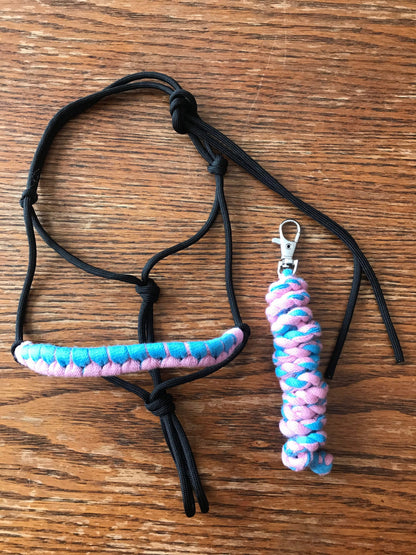 Rope halter and lead rope for hobby horse pink blue, hobby horse tack
