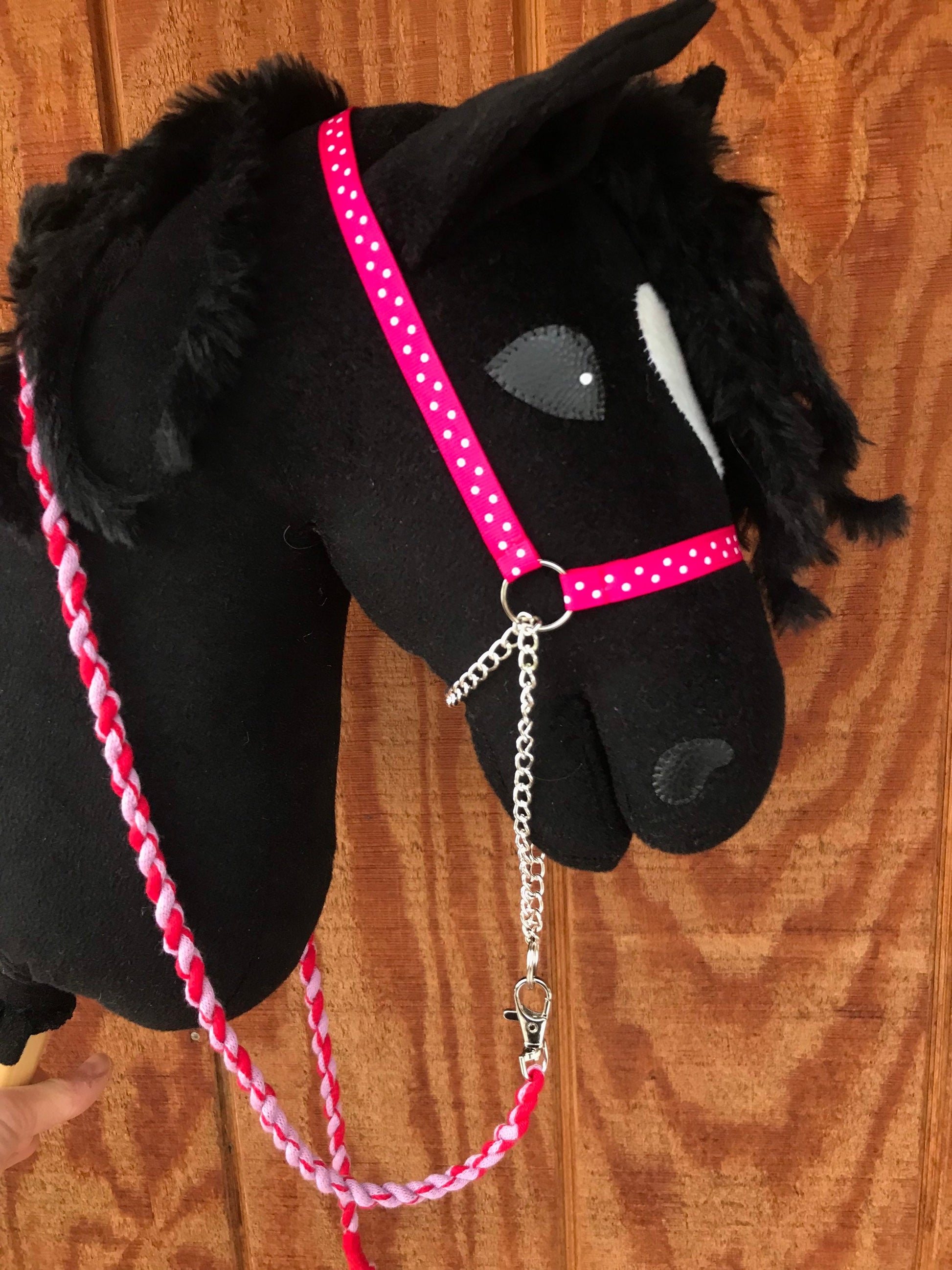 Hobby horse show halter dark pink/red with white dots and lead rope, hobby horse tack, hobby horse halter, hobby horse accessories