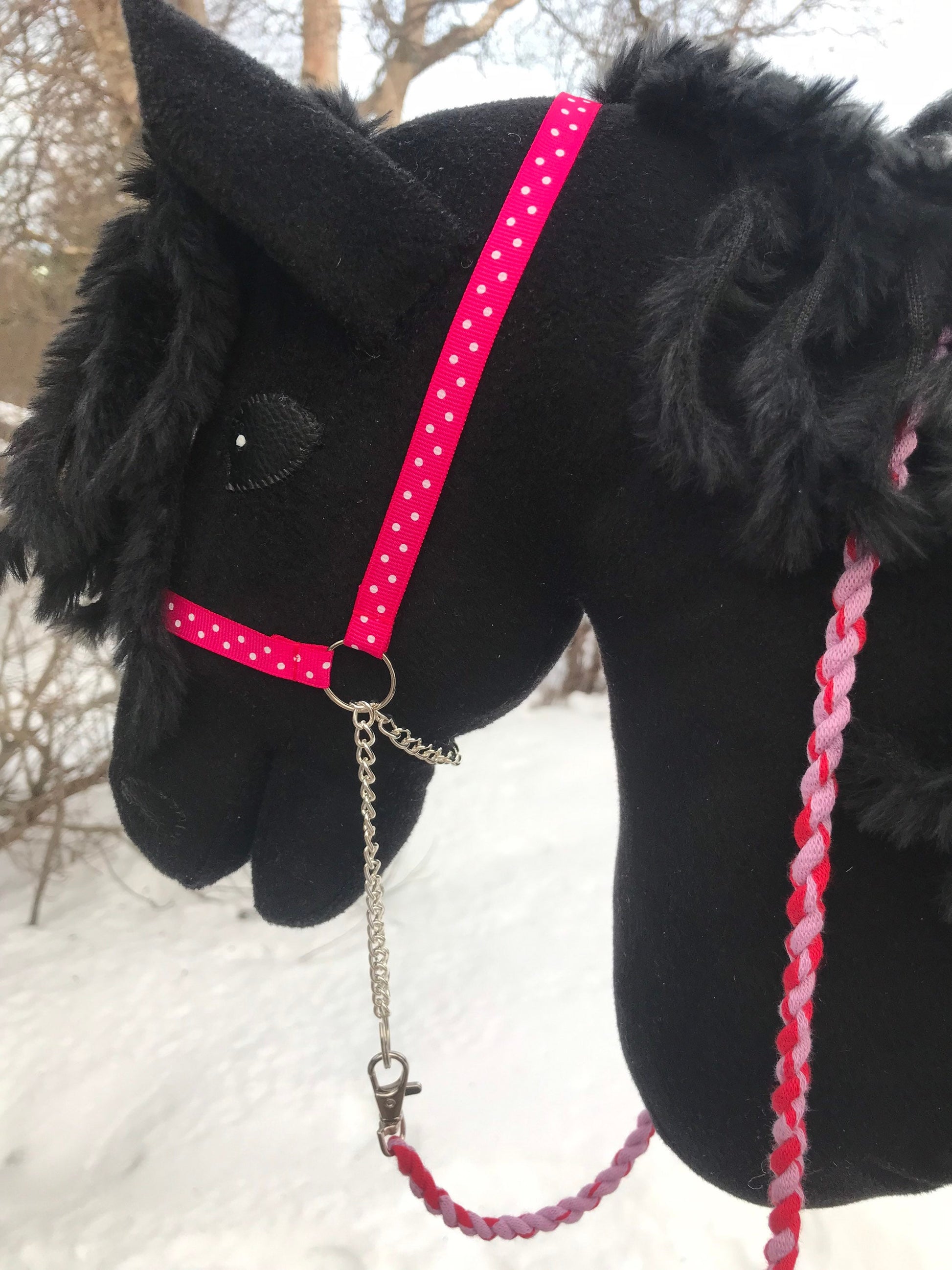 Hobby horse show halter dark pink/red with white dots and lead rope, hobby horse tack, hobby horse halter, hobby horse accessories