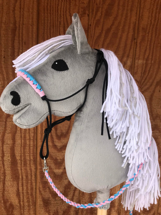 Hobby horse gray with rope halter, Gray hobby horse with tack, handmade free shipping in the USA, stick horse gray