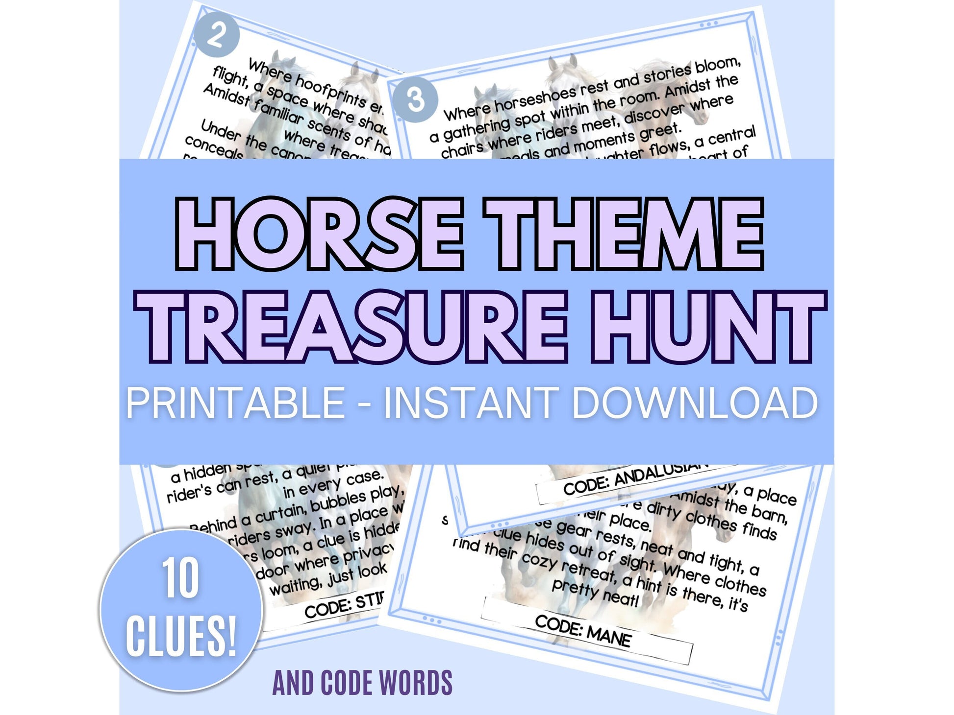 Horse Treasure Hunt printable, Printable Treasure Hunt for Kids, Birthday Hunt Clues, Indoor Scavenger Hunt for kids, Printable Horse Game