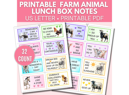 Printable lunchbox notes for kids, Farm animal lunch box notes, Lunch box cards for kids, positive affirmations back to school notes