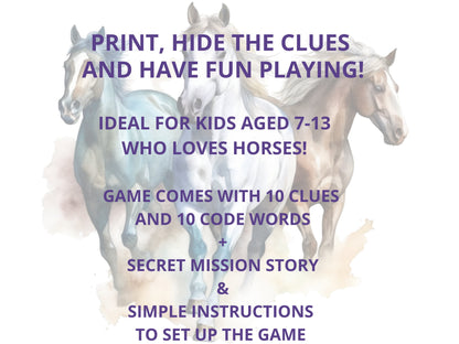 Horse Treasure Hunt printable, Printable Treasure Hunt for Kids, Birthday Hunt Clues, Indoor Scavenger Hunt for kids, Printable Horse Game