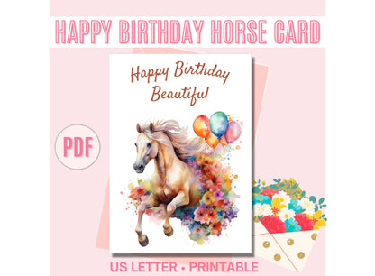 Printable Happy Birthday card, Horse Birthday card, Birthday card for her, Birthday horse card for girls, Printable Birthday card horse