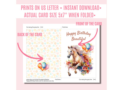 Printable Happy Birthday card, Horse Birthday card, Birthday card for her, Birthday horse card for girls, Printable Birthday card horse