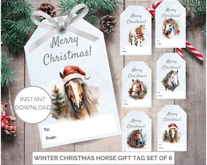 Printable Winter Christmas Horse gift tag set of 6, Christmas Horse gift tags, Merry Christmas printable tags, Christmas favor tags