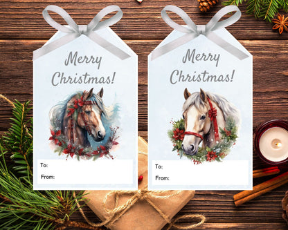 Printable Winter Christmas Horse gift tag set of 6, Christmas Horse gift tags, Merry Christmas printable tags, Christmas favor tags