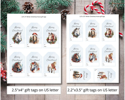 Printable Winter Christmas Horse gift tag set of 6, Christmas Horse gift tags, Merry Christmas printable tags, Christmas favor tags