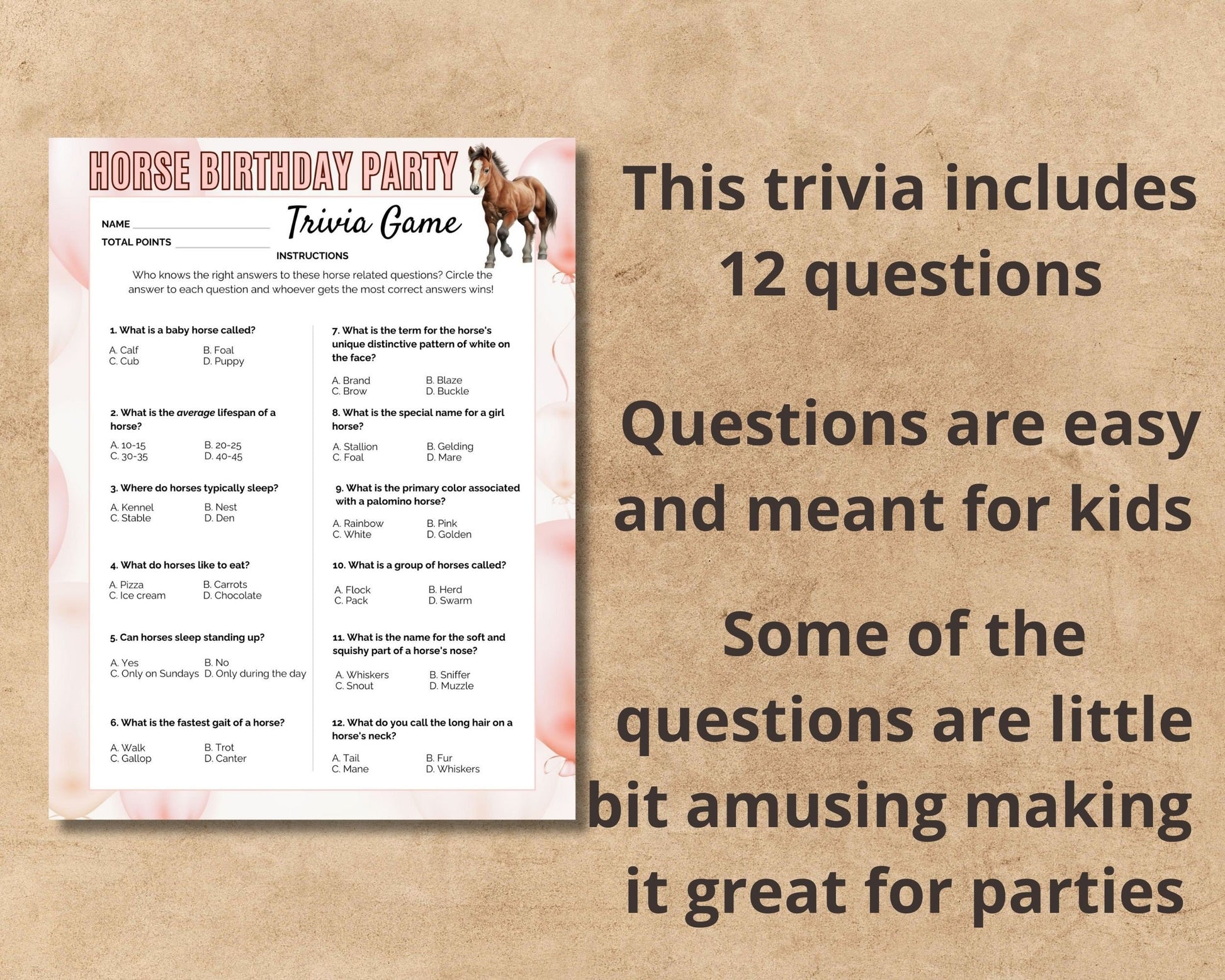 Printable Horse Birthday Party Trivia Game, Pony Party Activity, Horse Birthday Party Games, Equine Trivia, Horse Party Quiz