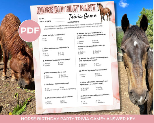 Printable Horse Birthday Party Trivia Game, Pony Party Activity, Horse Birthday Party Games, Equine Trivia, Horse Party Quiz